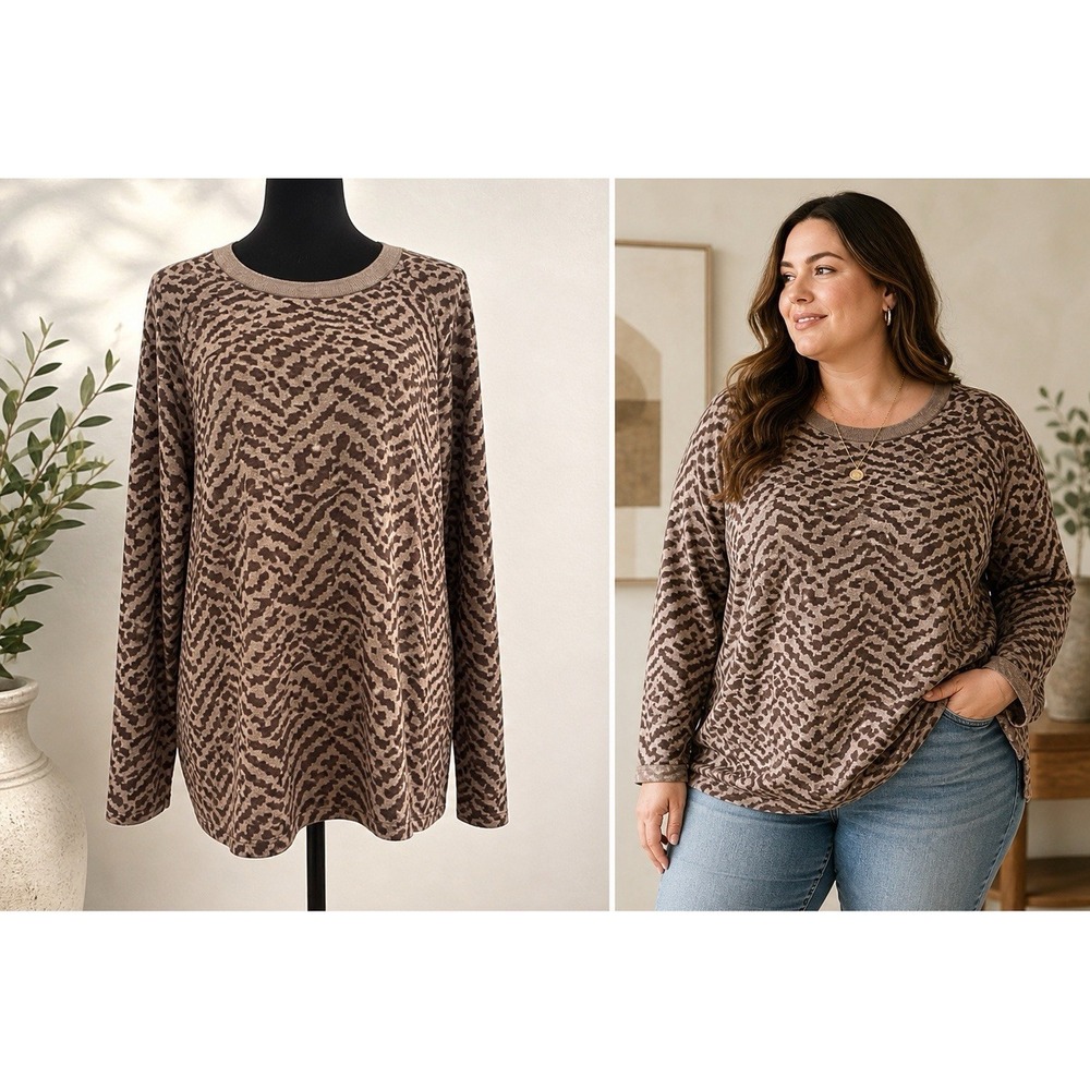 Vince Camuto Animal Print Knit Top XL Taupe Brown Long Sleeve Relaxed Oversized